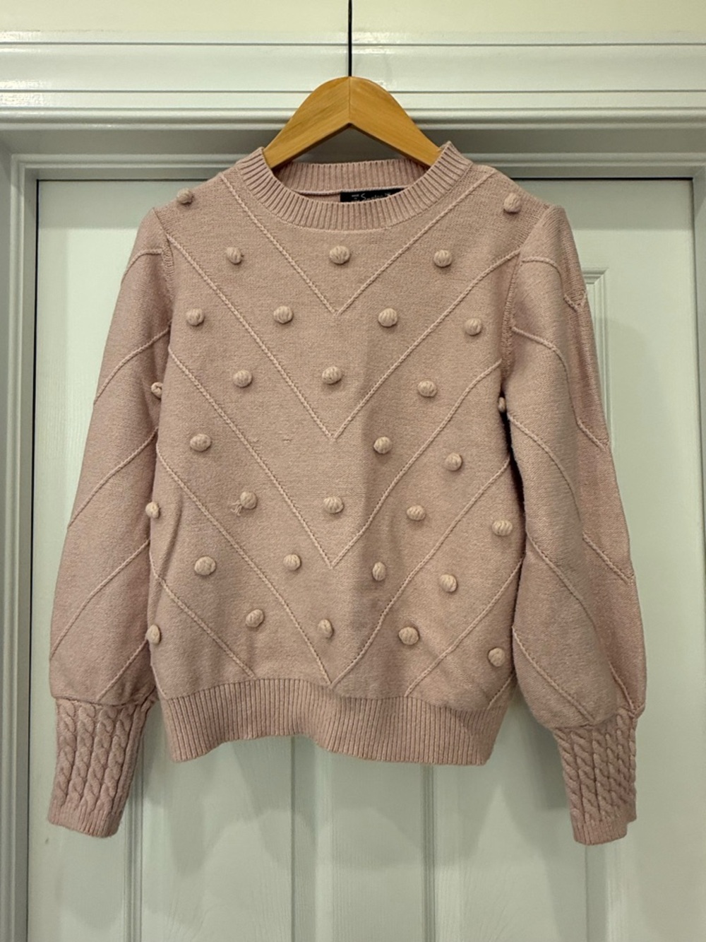Simple Blush Pink Pom-Pom Crewneck Sweater